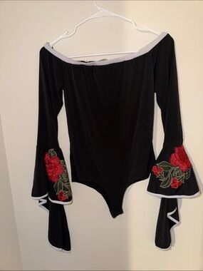 Topia Black Off-Shoulder Bodysuit with Red Rose Embroidery